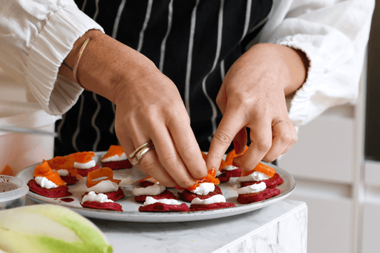 Beet Blinis, Smoked Carrot, Dill Cream