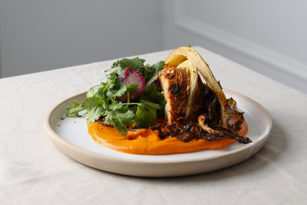 Ancho Marinated Whole Roast Cauliflower, Carrot Purée, Coriander Salad